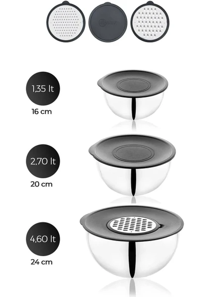 Karat Çelik 9 Parça Rendeli Karıştırma Kabı - 16/20/24 cm